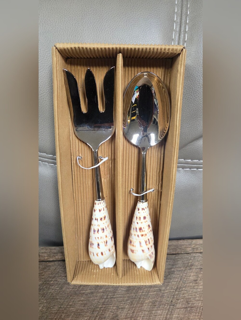 Vintage NIB Mudpie Real Cone Shell Serving Spoon & Fork ~ Bin A2